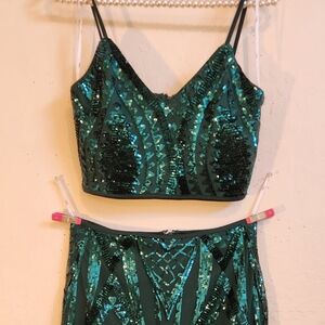 Green Sequin Crop Top and Skirt Set